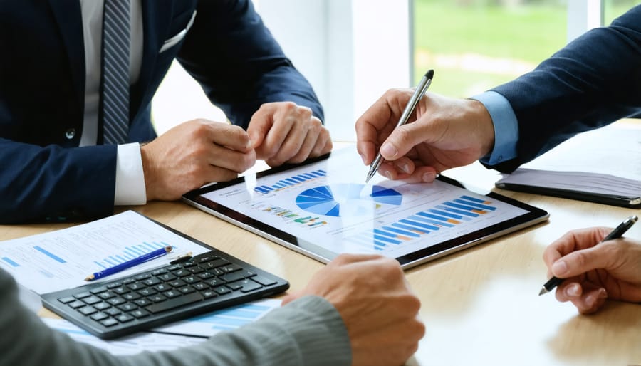 Real estate agent demonstrating the insurance broker app to clients during a meeting