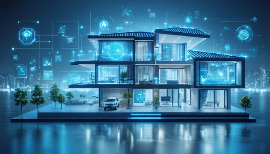 Computer screen showing AI risk analysis software with property metrics and insurance calculations