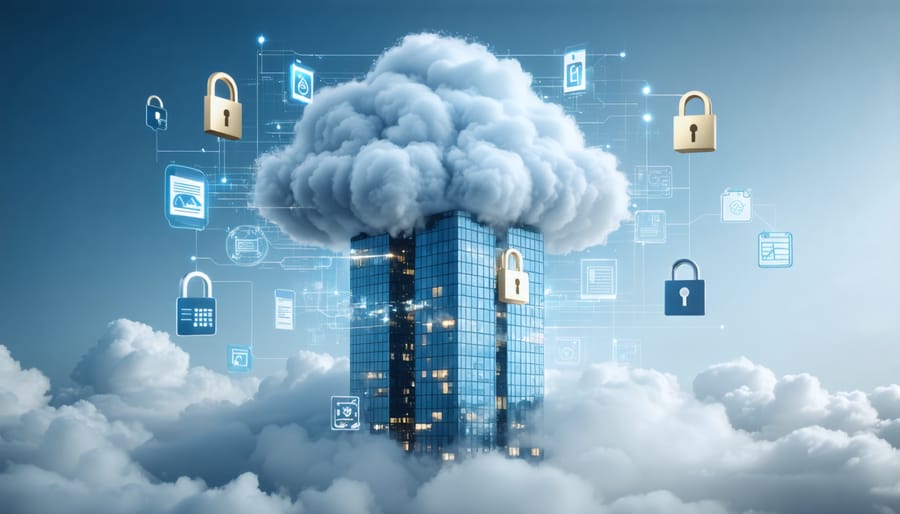 Illustration of a secure cloud system enveloping a skyscraper, with lock symbols and real estate documents floating around, representing the integration of cloud technology in securing real estate operations.