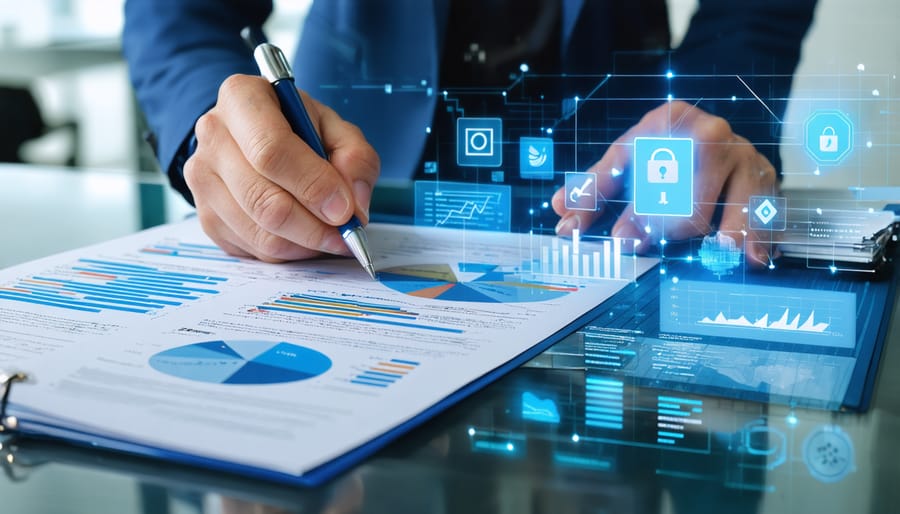Insurance professional analyzing data breach coverage options and risk factors
