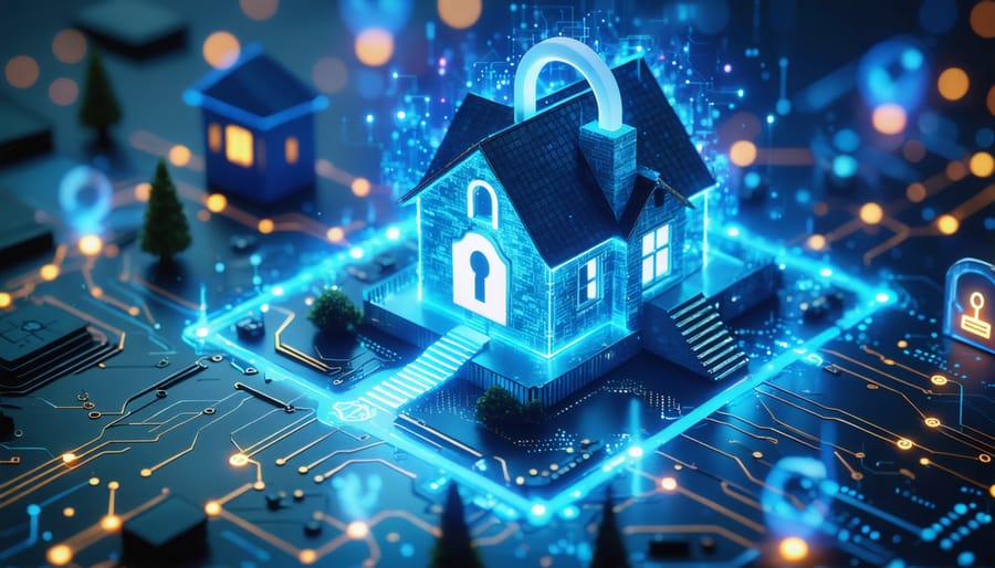 Holographic representation of cybersecurity elements protecting an investment property, illustrating the concept of safeguarding property insurance data against cyber threats.