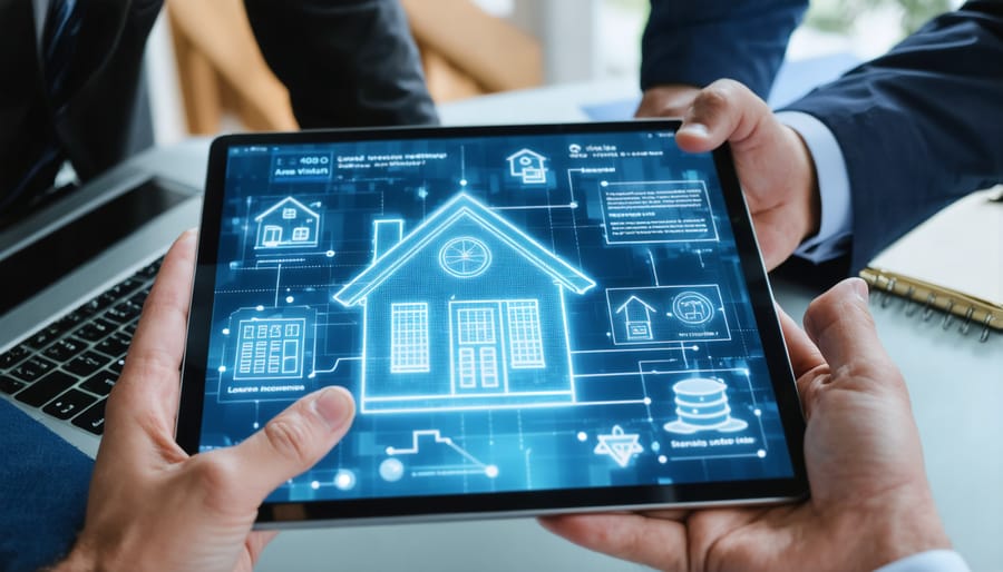 Professional demonstrating digital insurance solutions to property buyers