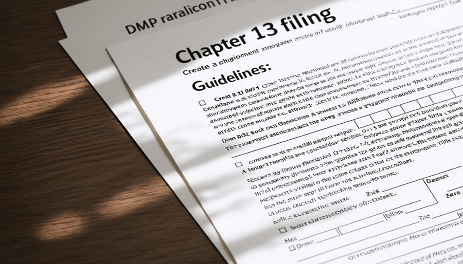 Side-by-side comparison of debt management plan paperwork and Chapter 13 bankruptcy documents