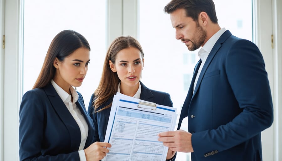 Team of real estate professionals collaborating on property due diligence
