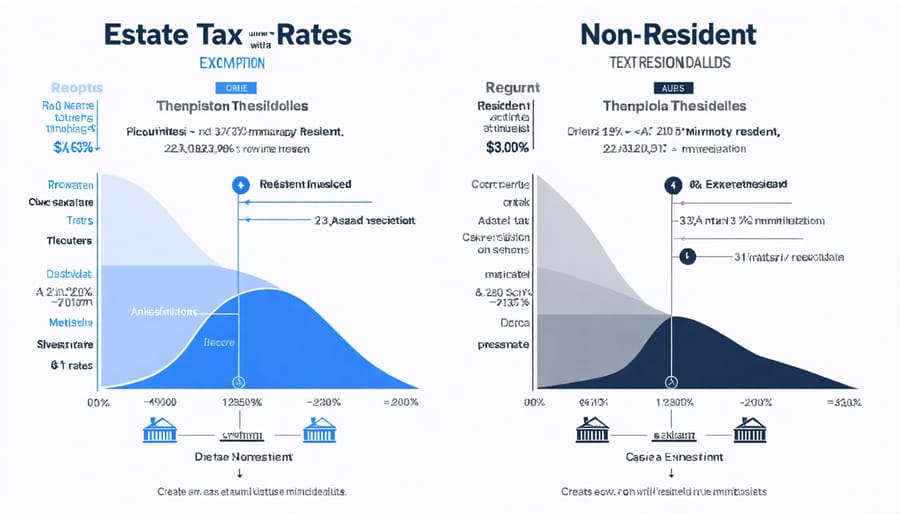 Infographic comparing US estate tax rates and exemption thresholds for residents vs non-residents