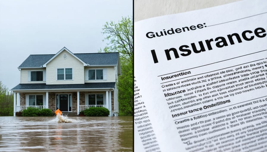 Split-screen image comparing flood damage to a home with flood insurance documentation