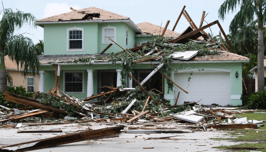 Aftermath of hurricane damage to a Florida home showing roof damage and scattered debris