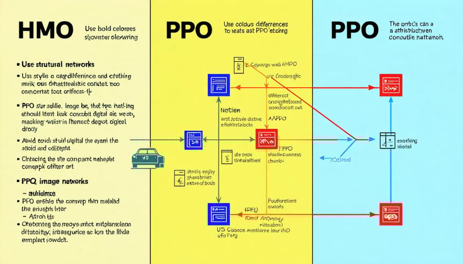 Network diagram illustrating the provider relationships and access patterns in HMO versus PPO plans