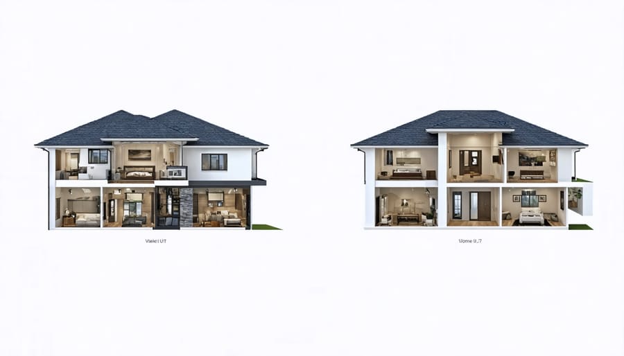 Architectural illustration of a house-hacking duplex with highlighted owner and rental spaces