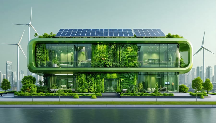 Modern eco-friendly building with solar panels, vertical garden, and wind turbines, set in a futuristic city reflecting sustainable real estate development.