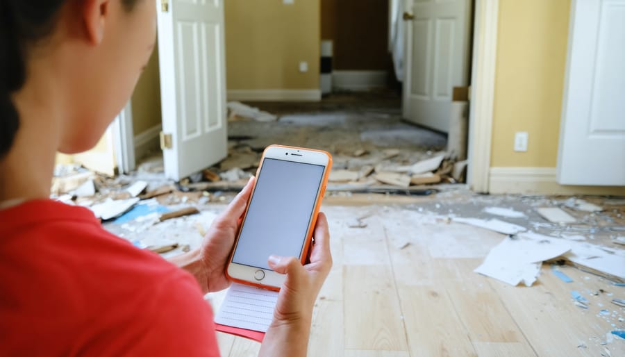 Homeowner photographing and documenting property damage for insurance claim