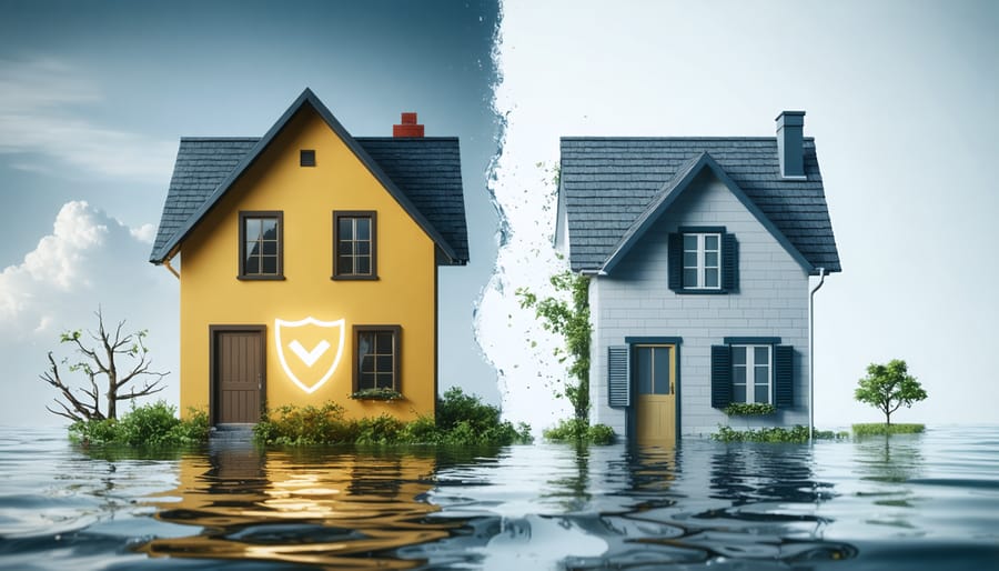 An illustration of a home with one side protected by insurance and the other side exposed to flooding, symbolizing gaps in natural disaster coverage.