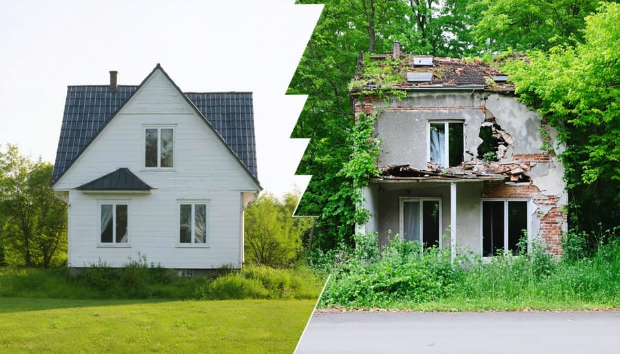 A comparison between a well-maintained property and a high-risk property with visible damages, representing the factors influencing insurance renewal decisions.
