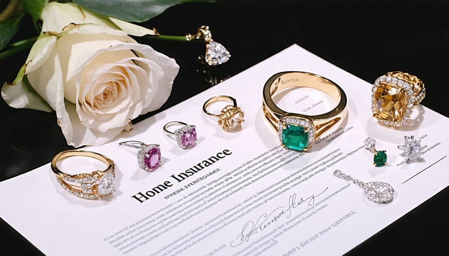 Collection of rings, necklaces, and watches next to homeowners insurance paperwork