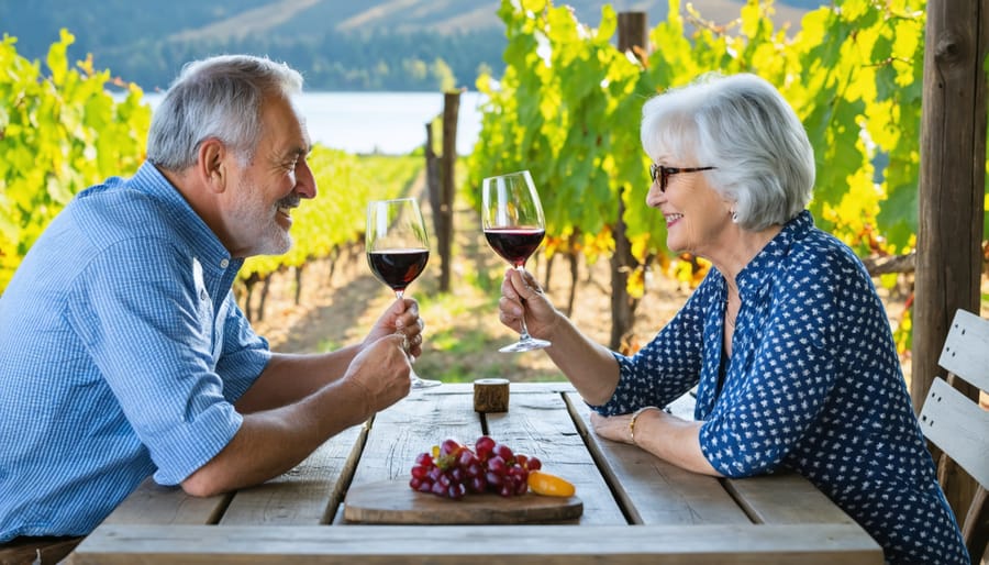 Active retired couple sampling wine at an Okanagan Valley winery overlooking Okanagan Lake