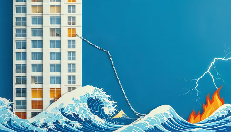 Conceptual illustration of a lifeline thrown from a building, surrounded by illustrations of waves, flames, and lightning, representing high-risk home insurance coverage options for flood, fire, and storm-prone properties.