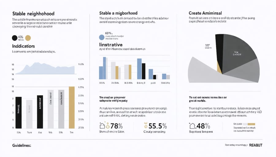 Graph displaying key real estate market stability metrics including employment rates, property values, and population growth