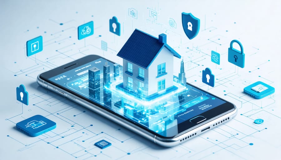 Illustration of a mobile device with real estate transactions protected by digital shields and locks, highlighting mobile app security insurance.