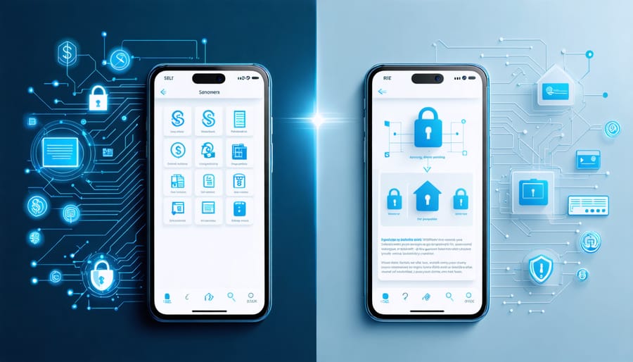 Split screen depicting a mobile device with real estate app icons and digital security elements, symbolizing the balance between transactions and data protection.