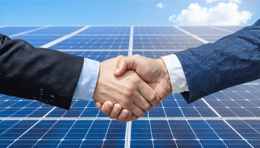Business agreement handshake with renewable energy power purchase agreement and solar installation