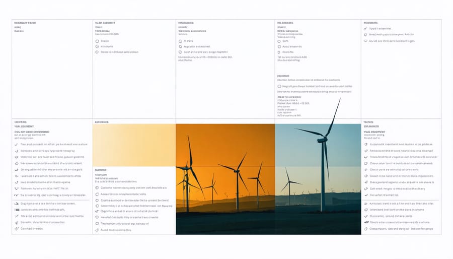 Risk assessment chart showing PPA project risks against probability and impact, with wind turbines in background