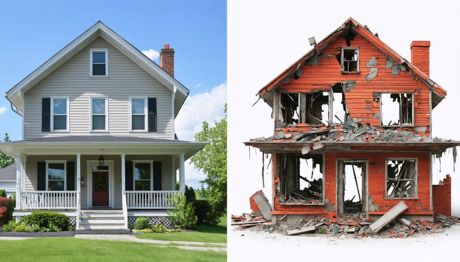 Comparison of an insurable home and a high-risk property with visible damages