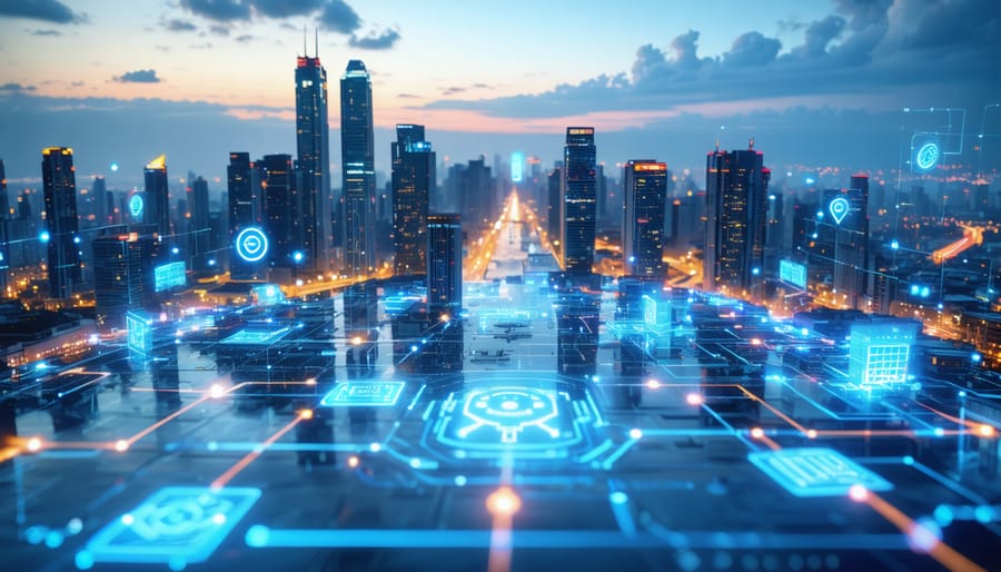 A futuristic city skyline with digital streams and smart buildings representing the intersection of real estate and technology through PropTech innovations like augmented reality and AI.