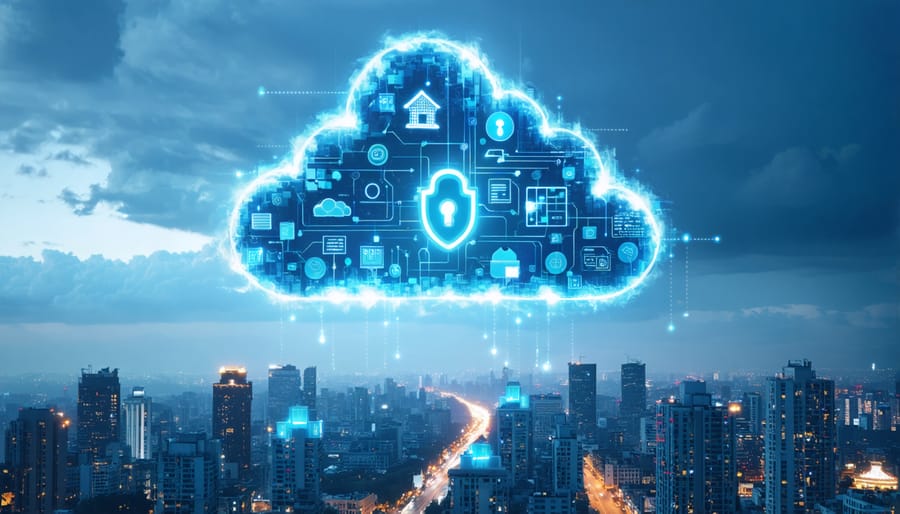 Conceptual image of a protective cloud over a digital city skyline with real estate icons, highlighting data security and comprehensive insurance.
