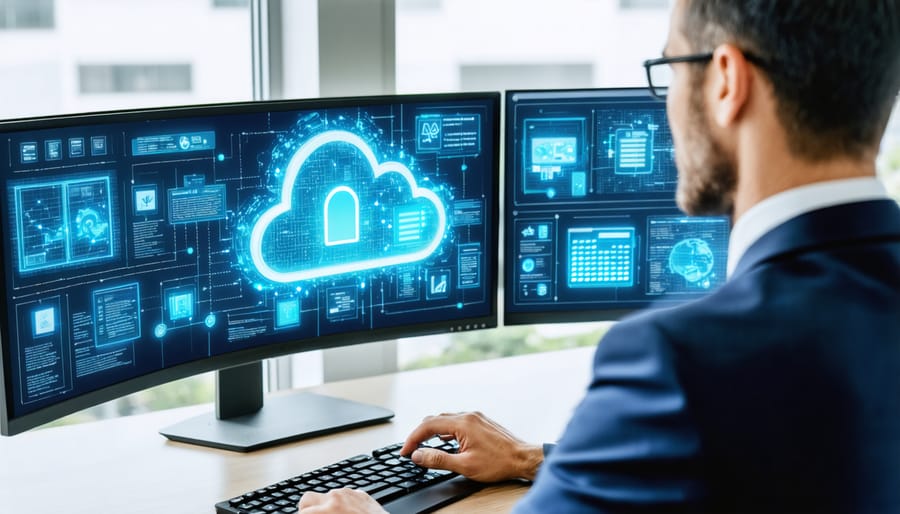 Real estate professional accessing secure cloud storage for property documents
