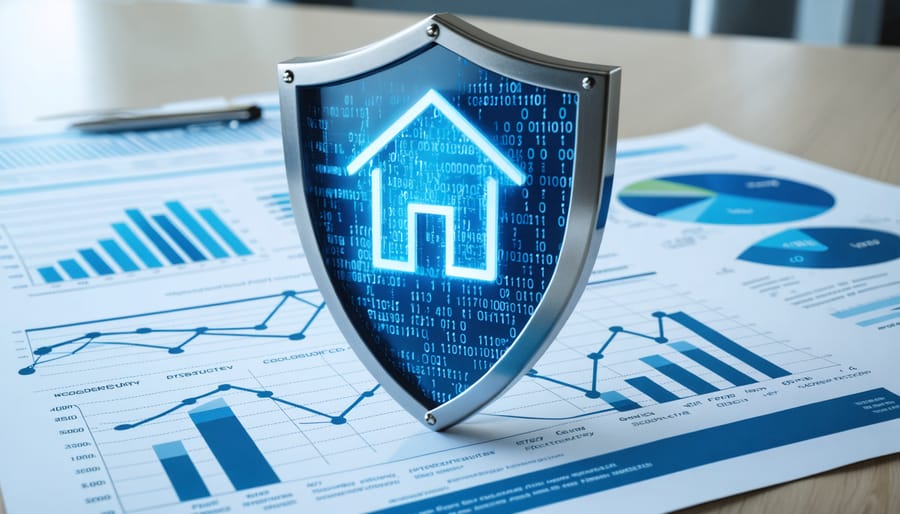 Illustration of a cybersecurity shield protecting a house icon and real estate documents, symbolizing data breach insurance for real estate digital assets.