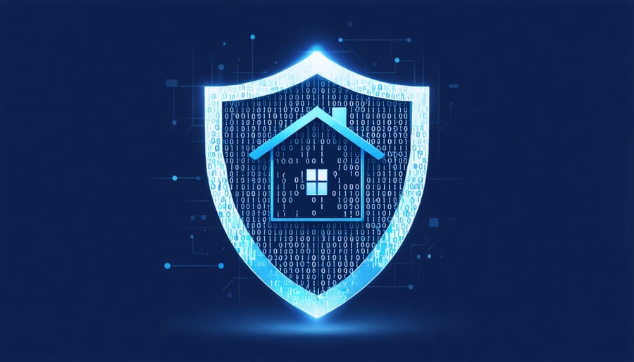 Cybersecurity shield protecting real estate data and digital assets