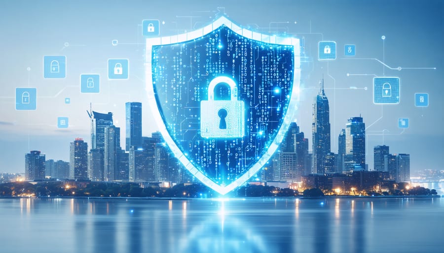 Illustration of a cybersecurity shield protecting a city skyline, symbolizing the protection of real estate transactions from digital threats.