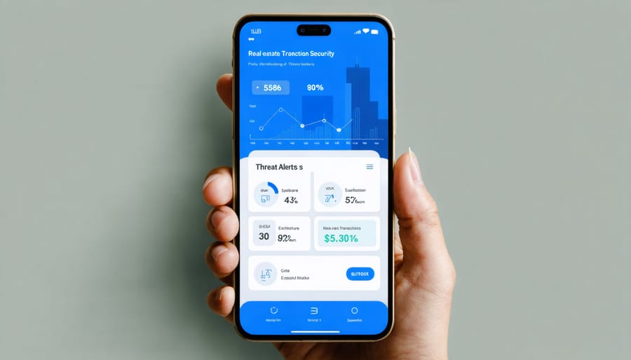 Insurance broker app dashboard showing real-time security monitoring of real estate transactions
