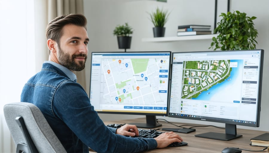 Real estate professional at home office desk with dual monitors and virtual real estate tools
