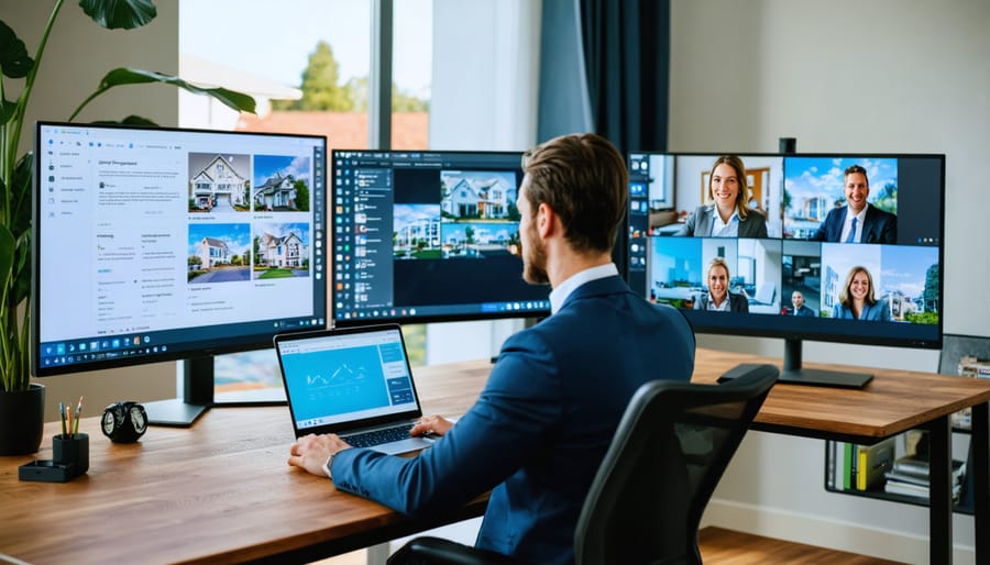 Real estate agent's home office with multiple screens showcasing virtual property tours, digital transaction tools, and client video conferencing, symbolizing remote work capabilities in the real estate industry.