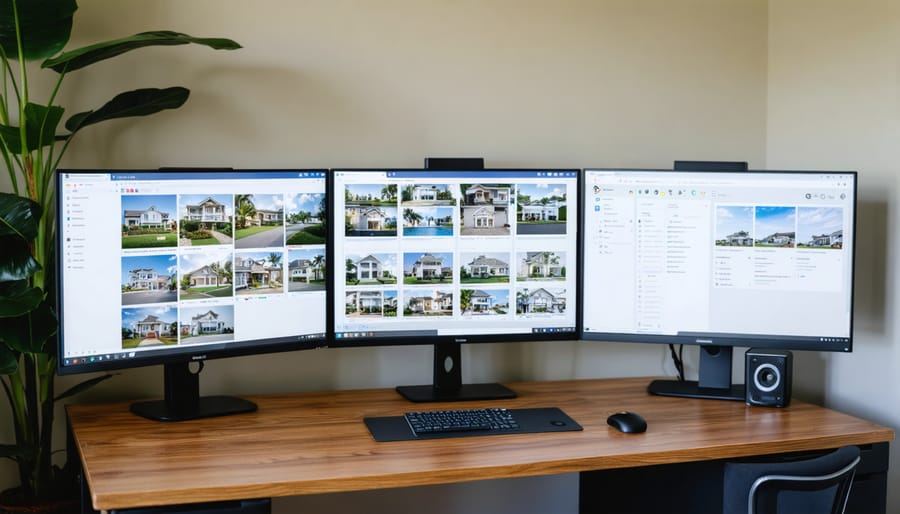 Professional home office setup for remote real estate work featuring digital tools and virtual property displays
