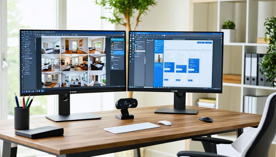 Professional home office setup for a real estate agent, showcasing dual monitors with real estate software, high-resolution webcam, and an organized desk environment.