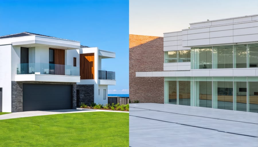 Side-by-side comparison of residential and commercial real estate investment properties