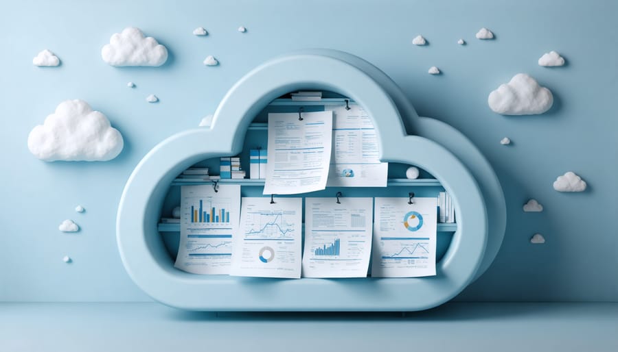 A conceptual depiction of a cloud-shaped vault containing real estate documents such as contracts and floor plans, symbolizing enhanced security and protection in cloud storage.