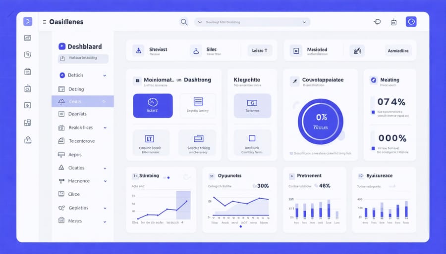 Digital dashboard displaying smart building systems including security cameras, temperature controls, and IoT device status