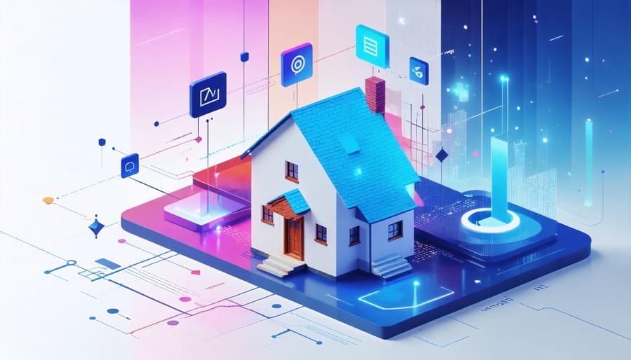 Network diagram showing how smart contracts connect property managers, tenants, and owners