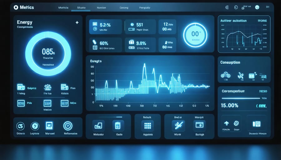 Digital interface displaying home energy usage statistics, temperature controls, and automation settings