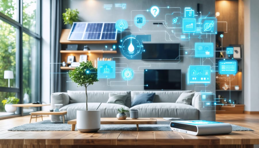 A modern home showcasing smart technology features like solar panels and an interactive mobile dashboard displaying energy savings, illustrating the integration of technology and sustainability for reduced energy bills.
