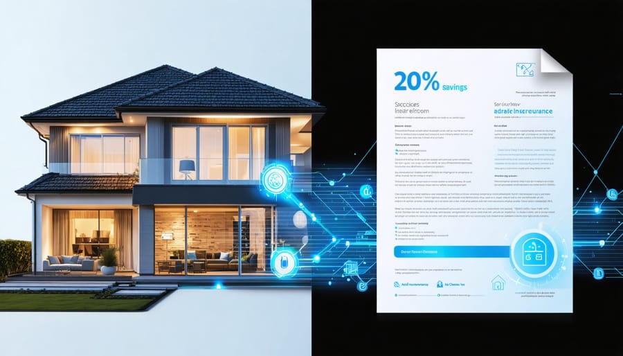Illustration of a smart home with various security devices connected to an insurance document displaying a 20% discount, representing the cost-saving benefits of smart technology integration.