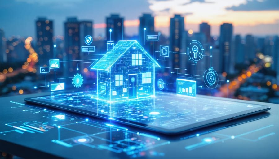 Conceptual image illustrating the integration of smart property technology and advanced insurance solutions with a city skyline, highlighting digital interfaces and interconnected IoT devices.