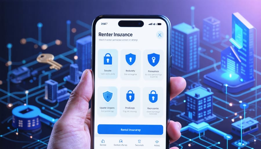 Smartphone screen displaying a sleek renters insurance app interface, with security icons and real-time coverage features, set against a backdrop of abstract property management elements.