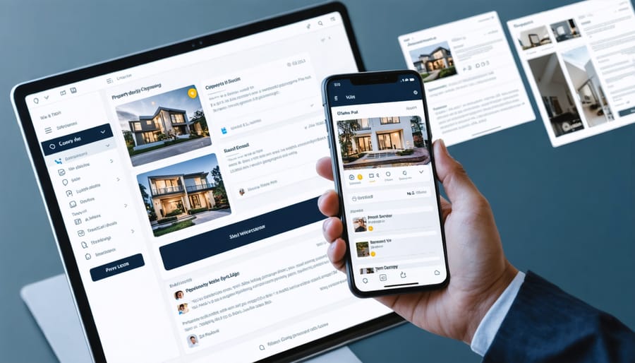 Real estate agent managing social media marketing across multiple platforms