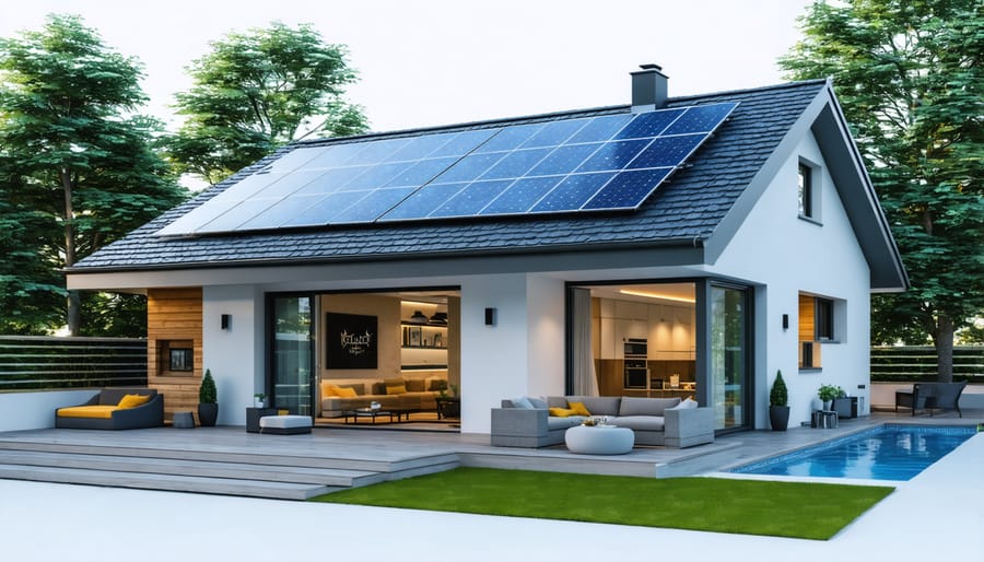 Contemporary bungalow featuring solar panels, smart lighting, and automated exterior systems