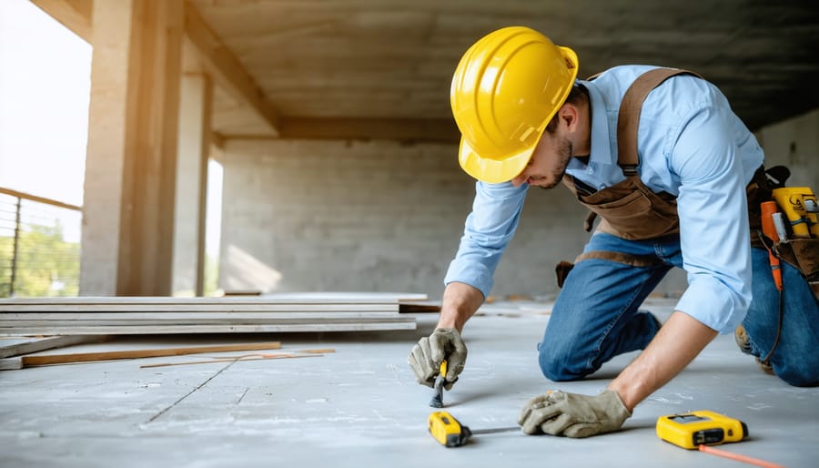 Building inspector conducting structural assessment of commercial property