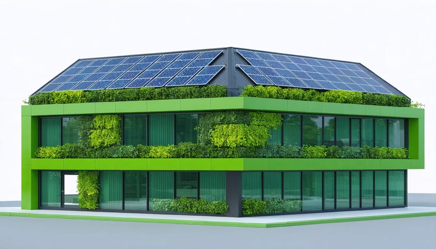 Eco-friendly commercial building featuring solar panels and vertical garden
